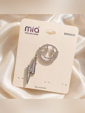 Mia Rhinestone Smiley Face & Lightning Bolt Brooch Set
